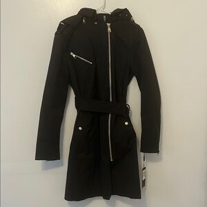 Karl Lagerfeld Black Hooded Rain Coat with Belt